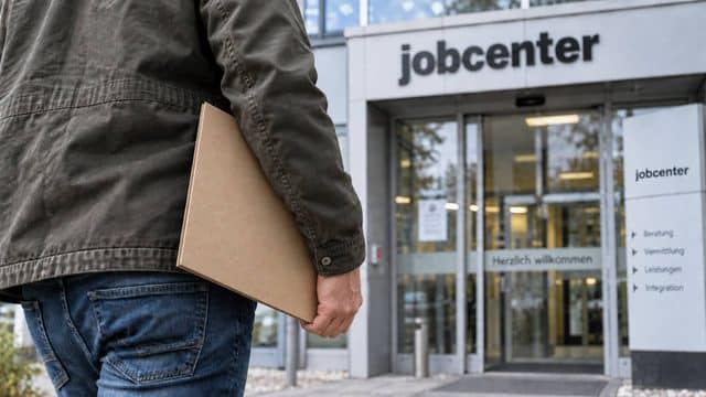 Mann mit Dokumentenmappe auf dem Weg zum Eingang eines Jobcenters.