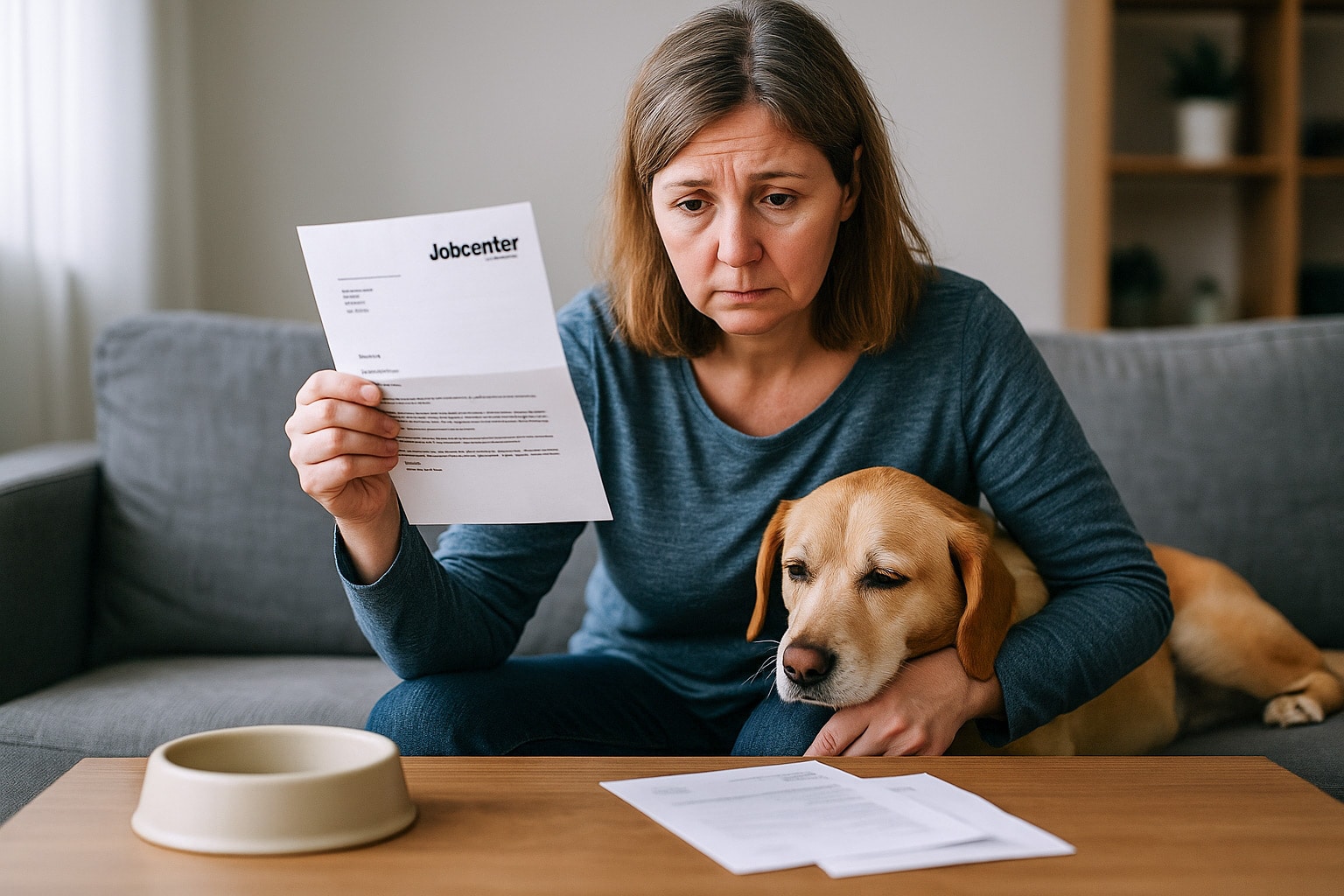 Eine besorgte Frau mittleren Alters sitzt mit ihrem Hund auf dem Sofa und hält einen offiziellen Brief vom Jobcenter in der Hand. Auf dem Tisch liegen weitere Dokumente und ein leerer Futternapf. Die Szene drückt finanzielle Sorgen um die Hundehaltung aus.