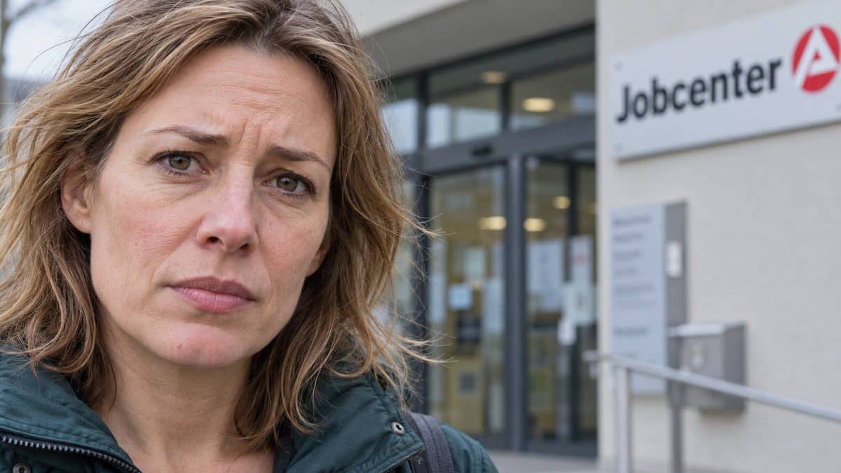 Bedrückt blickende Frau vor einem Jobcenter-Gebäude