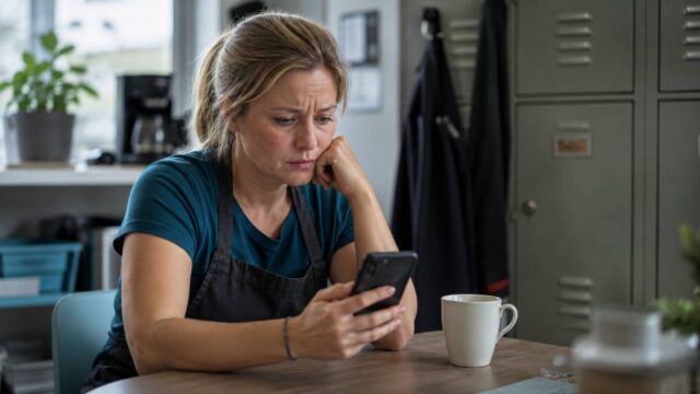Arbeitnehmerin prüft besorgt ihren Dienstplan auf dem Smartphone.
