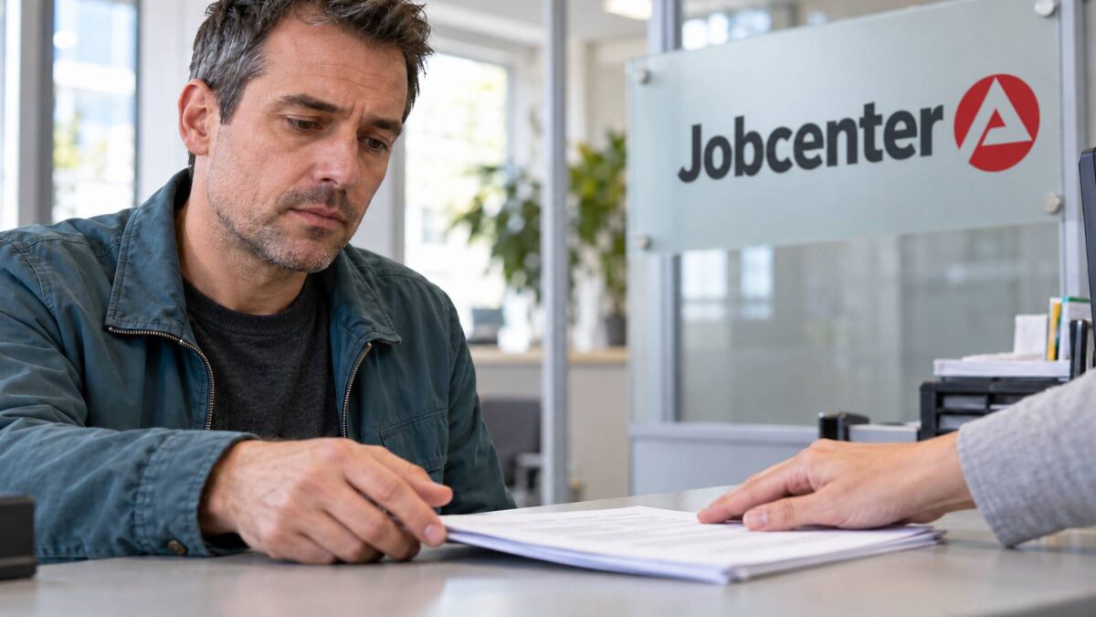 Mann nimmt am Jobcenter-Schalter Unterlagen entgegen