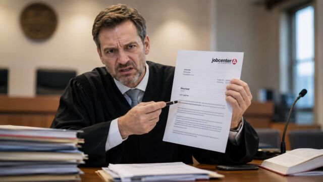 Richter hält einen Jobcenter-Bescheid in der Hand und blickt kritisch darauf.