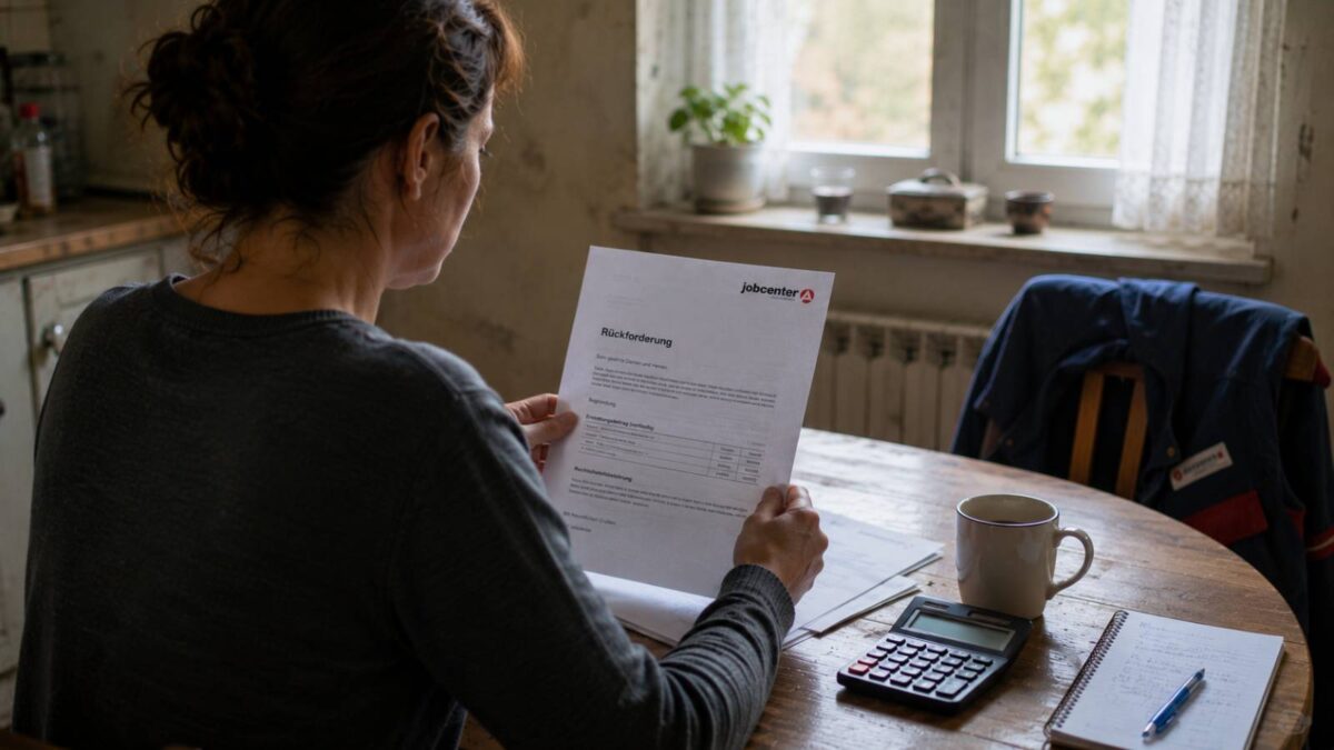 Frau sitzt in einer einfachen Küche und liest einen Rückforderungsbescheid des Jobcenters, nachdem sie ihren Arbeitsplatz verloren hat.
