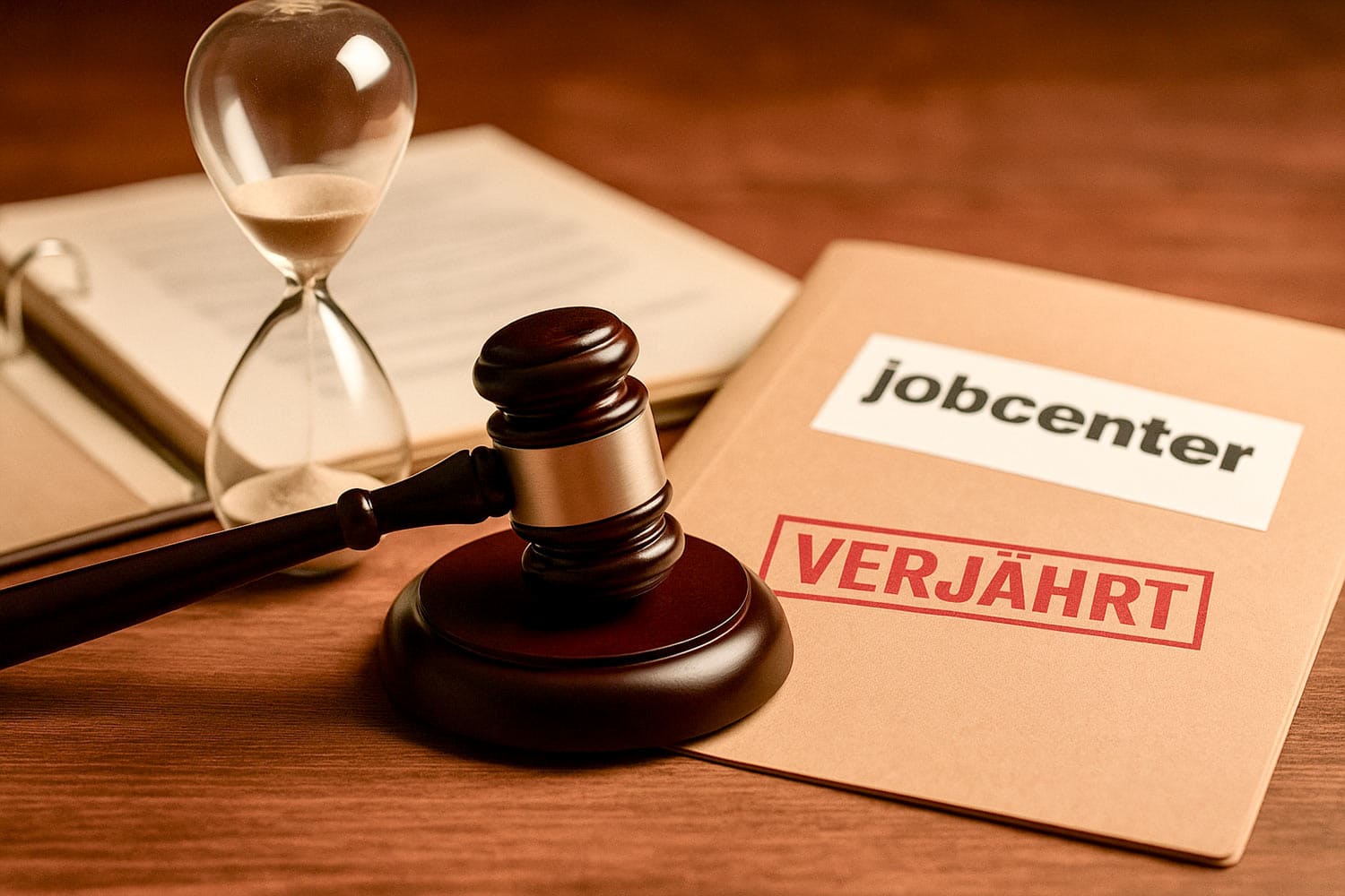 Sanduhr fast abgelaufen, Richterhammer daneben, Mappe „Jobcenter“ mit rotem Stempel „Verjährt“ – Symbolbild für verjährte Rückforderungen des Jobcenters.