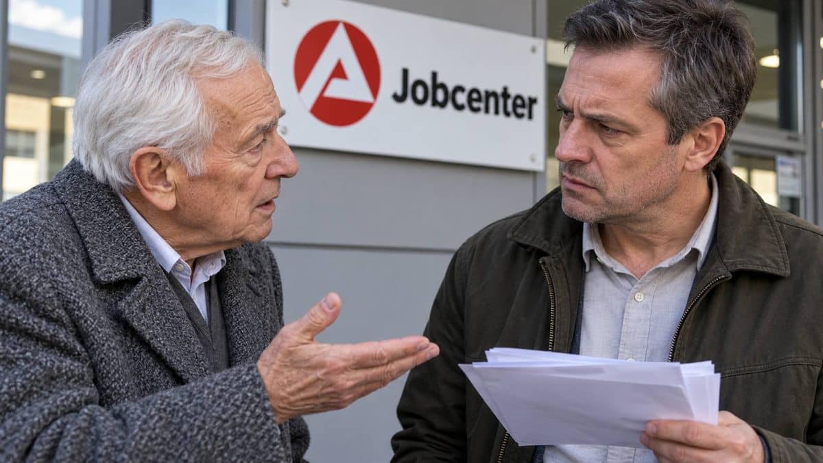Zwei Männer diskutieren vor einem Jobcenter, einer hält Briefe in der Hand.