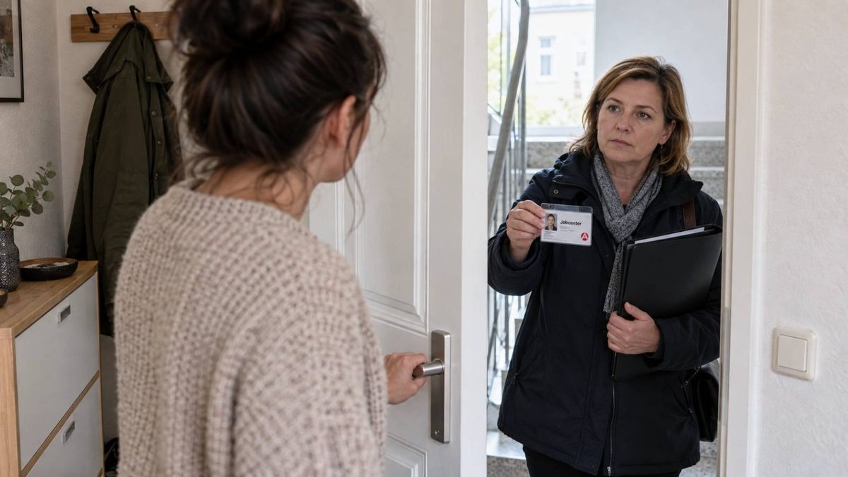Jobcenter-Mitarbeiterin zeigt an einer Wohnungstür ihren Dienstausweis, während die Bewohnerin den Zutritt verweigert.