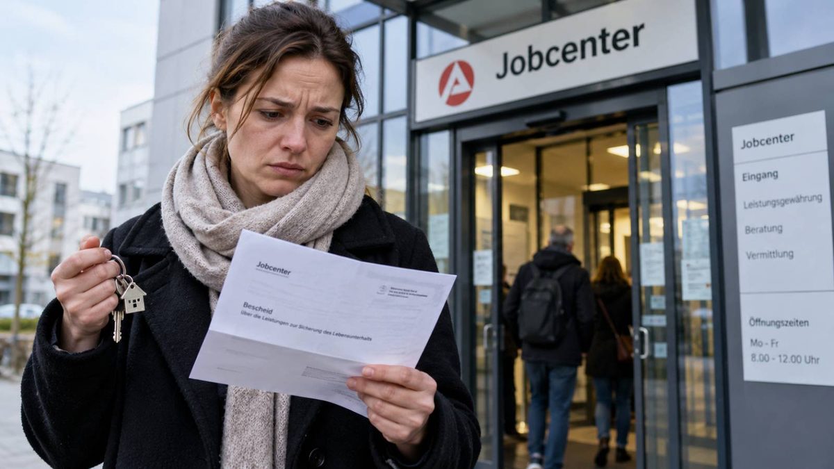 Frau steht mit Schlüsseln und Bescheid vor einem Jobcenter und blickt besorgt auf ihre Unterlagen