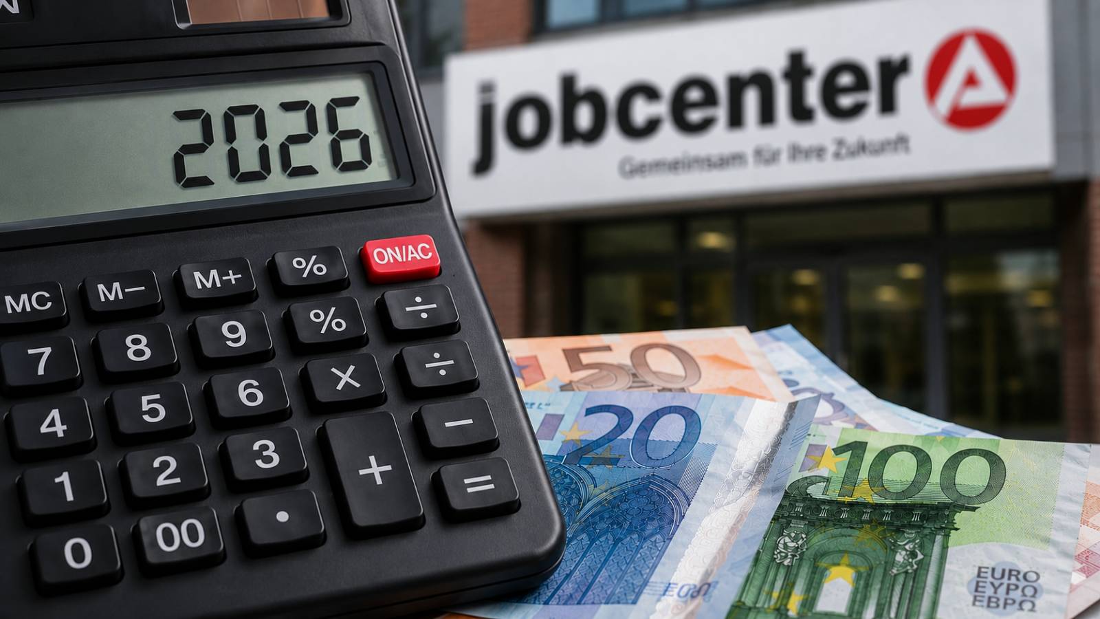 Taschenrechner mit Anzeige 2026 vor einem Jobcenter, Euro-Geldscheine