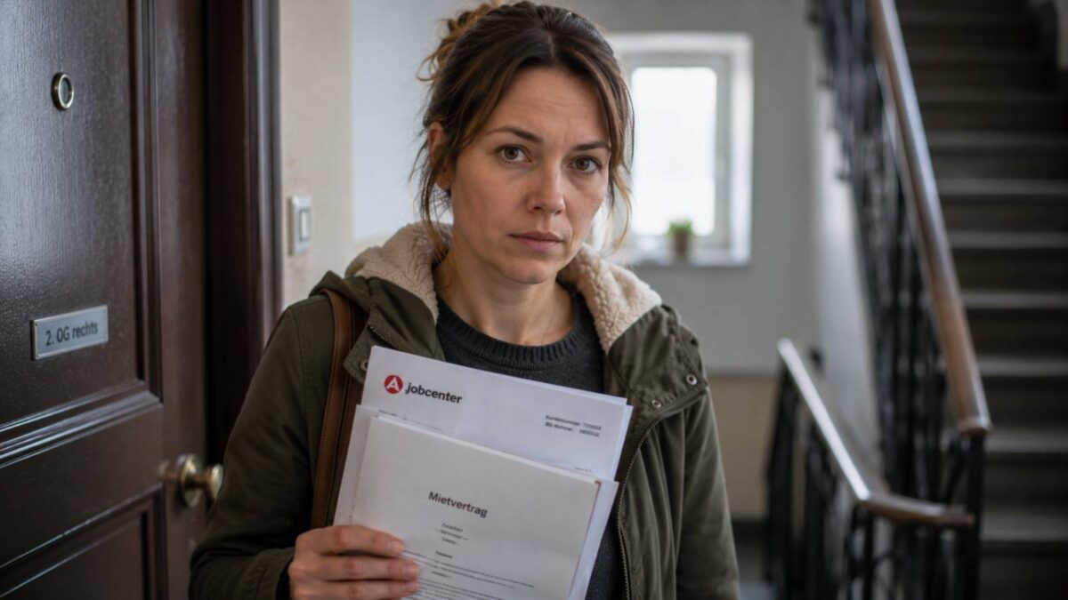 Frau hält Mietvertrag und Jobcenter-Unterlagen vor ihrer Wohnung im Treppenhaus eines Mehrfamilienhauses.