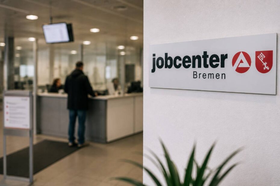 Eingangsbereich des Jobcenters Bremen: Deutliches Behörden-Logo an der Wand im Vordergrund, Informationstheke mit Mitarbeitern im unscharfen Hintergrund.