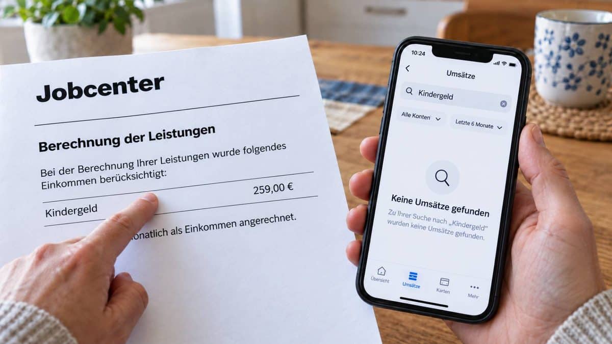 Jobcenter-Bescheid mit angerechnetem Kindergeld von 259 Euro neben einem Smartphone, auf dem keine Kindergeldzahlung gefunden wurde.