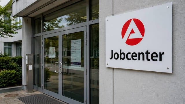 Eingangsbereich eines Jobcenters mit großem Jobcenter-Schild an der Fassade