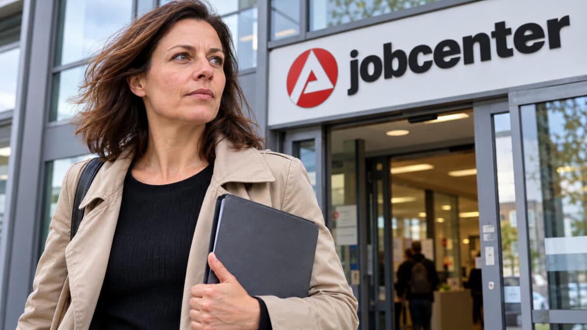 Frau mit Mappe vor dem Eingang eines Jobcenters.
