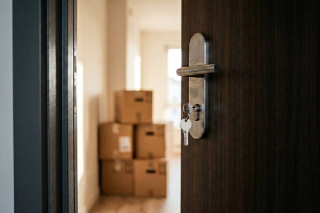 Einzug: Offene Wohnungstür mit Schlüssel im Schloss, im Hintergrund Umzugskartons