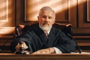 Richter benutzt Hammer, symbolisch für Entscheidung des Gerichts