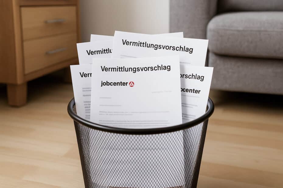 Papierkorb mit mehreren Vermittlungsvorschlägen des Jobcenters