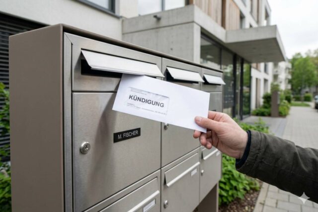 Brief mit Aufschrift Kündigung im Briefkasten als Symbolbild für Bürgergeld-Leistungen und Wohnkosten-Übernahme durch das Jobcenter.