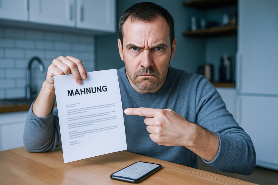Wütender Mann hält vorwurfsvoll eine Mahnung hoch - sombolisch für verspätete Bürgergeld zahlung
