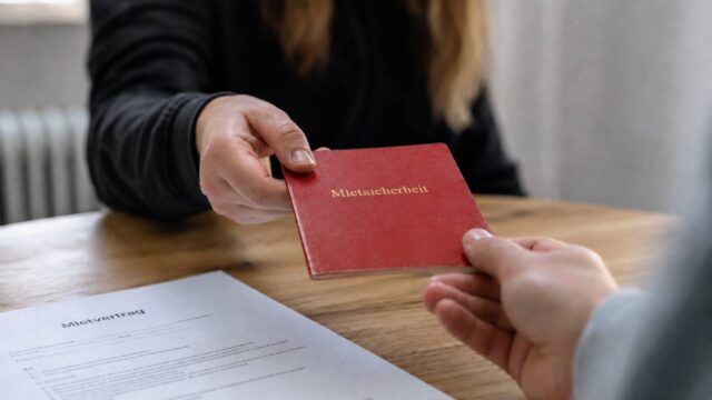 Rotes Sparbuch mit der Aufschrift „Mietsicherheit“ wird über einem Mietvertrag übergeben.