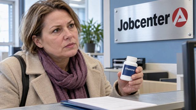 Frau hält eine Vitamindose am Jobcenter-Schalter.