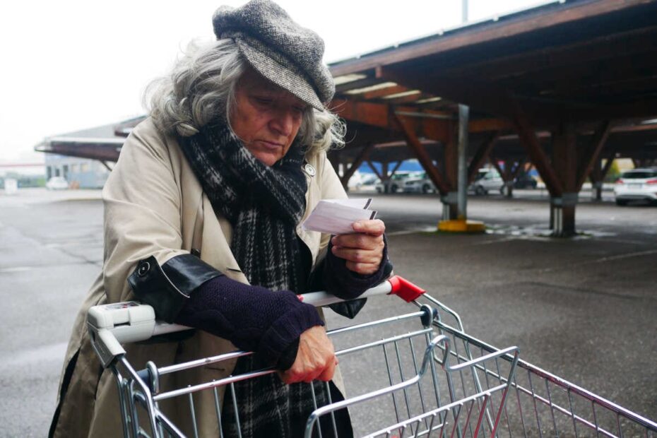 Frau schiebt frustriert leeren Einkaufswagen