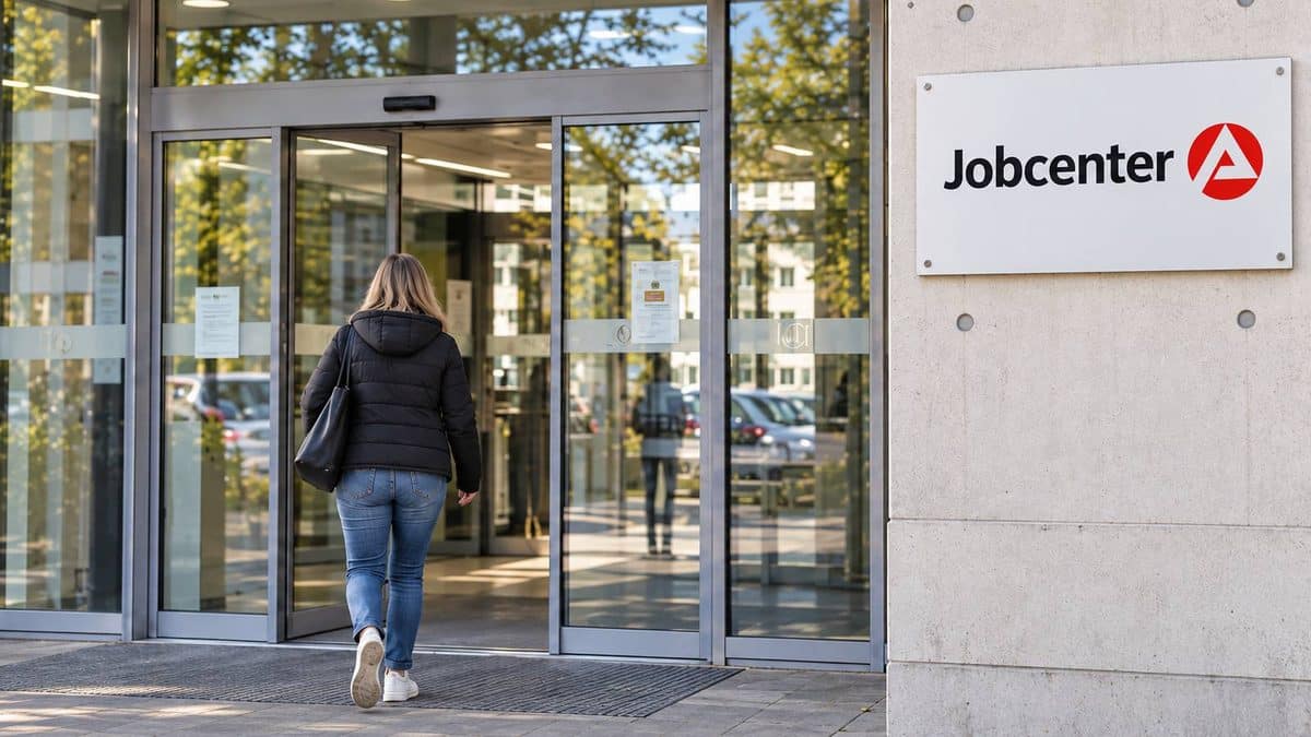 Eine Frau geht auf den Eingang eines Jobcenters zu.