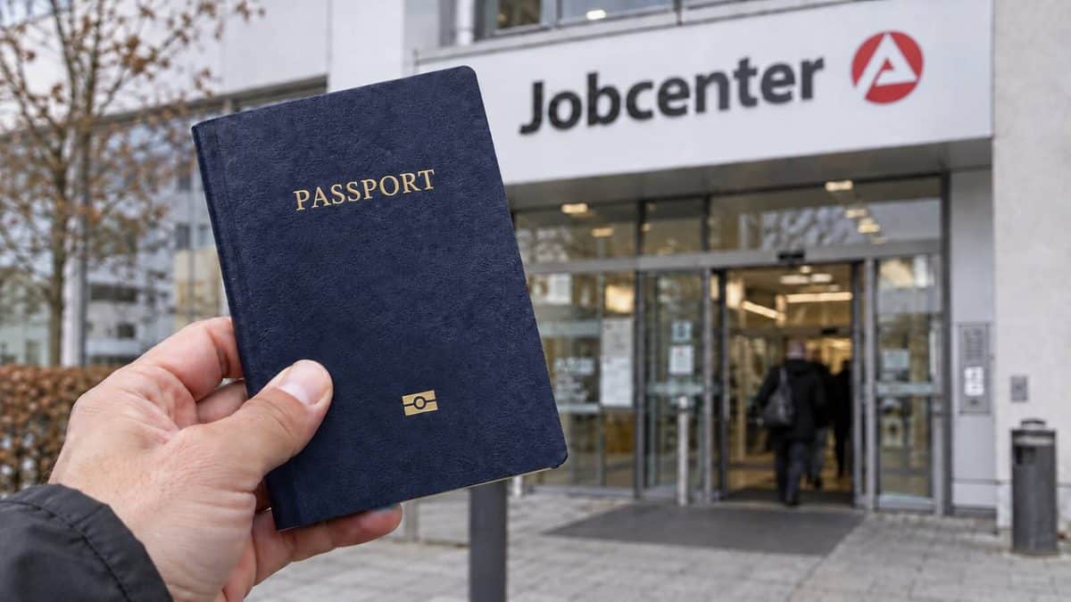 Hand hält einen reisepass hoch vor einem Jobcenter