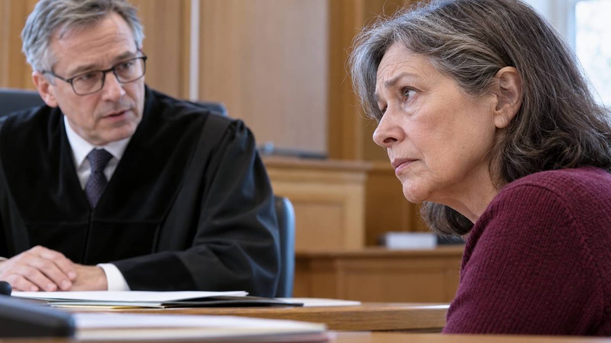Ältere Frau mit angespanntem Gesichtsausdruck vor einem Richter im Gerichtssaal.