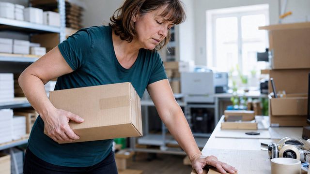 Erschöpfte Frau mit Paket stützt sich an einem Arbeitstisch ab