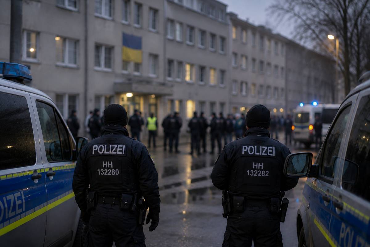 Polizeifahrzeuge und Einsatzkräfte vor einer Flüchtlingsunterkunft mit ukrainischer Flagge, während im Hintergrund Bewohner kontrolliert werden.