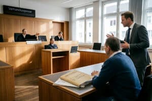 Vater sitzt im Sitzungssaal eines Gerichts und sein Anwalt diskutiert mit der Richterin.