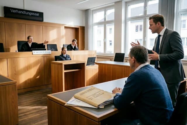 Vater sitzt im Sitzungssaal eines Gerichts und sein Anwalt diskutiert mit der Richterin.