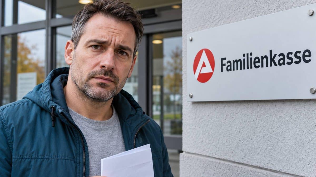 Besorgt blickender Mann mit einem Brief vor dem Eingang der Familienkasse.