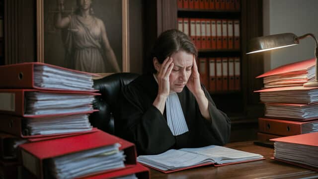 Frustrierte Richterin im Amtszimmer mit Aktenbergen zu Grundischeurngsgeld-Verfahren in roten Ordnern