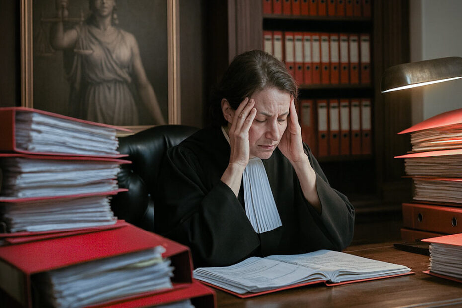 Frustrierte Richterin im Amtszimmer mit Aktenbergen zu Grundischeurngsgeld-Verfahren in roten Ordnern