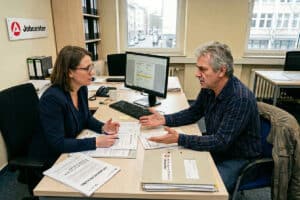 Leistungsempfänger diskutiert mit Sachbearbeiterin im Jobcenter