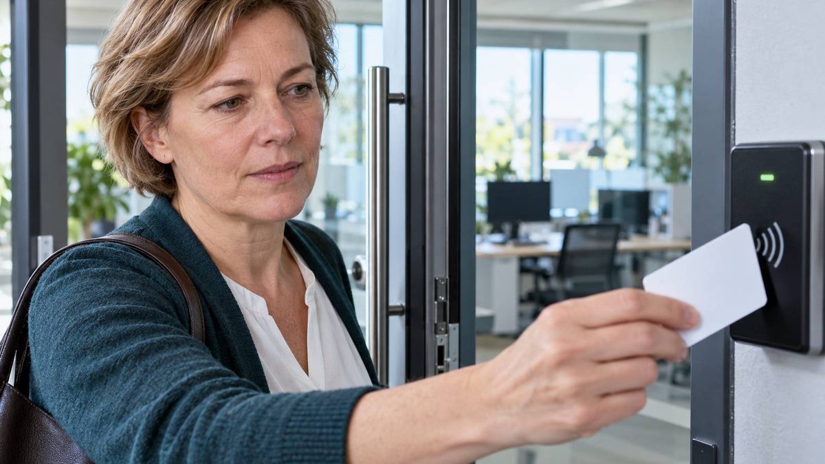 Frau hält ihre Zugangskarte an ein Lesegerät am Eingang eines Büros.