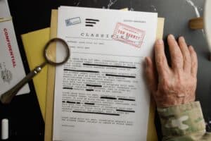 Jemand hat Dokumente mit "TOP SECRET" vor sich aif dem Schreibtsich