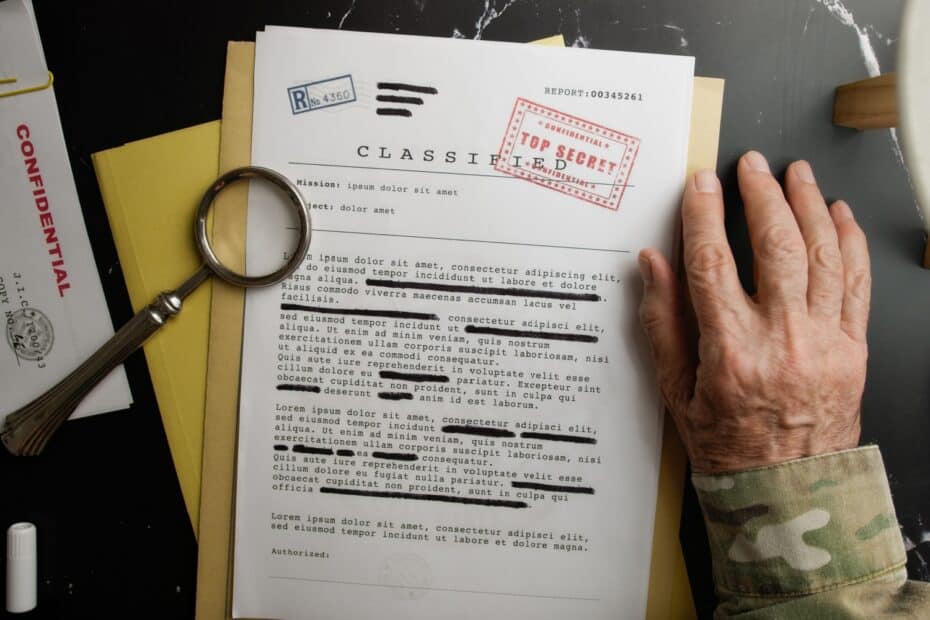 Jemand hat Dokumente mit "TOP SECRET" vor sich aif dem Schreibtsich