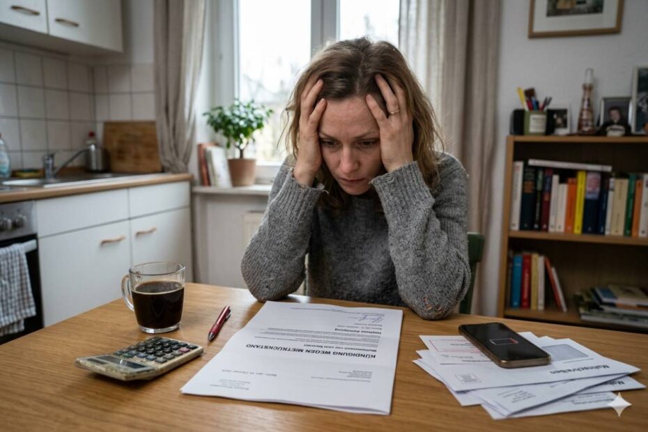 Eine verzweifelte Frau sitzt am Küchentisch vor einem Schreiben mit der Überschrift 'Kündigung wegen Mietrückstand', Symboldarstellung für drohende Wohnungslosigkeit.