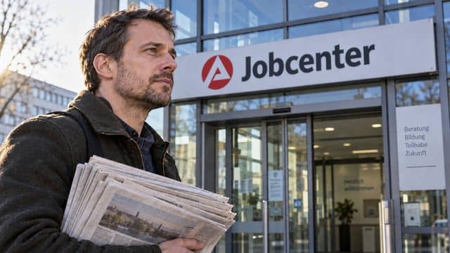 Mann mit einem Stapel Zeitungen unter dem Arm steht vor dem Eingang eines Jobcenters.