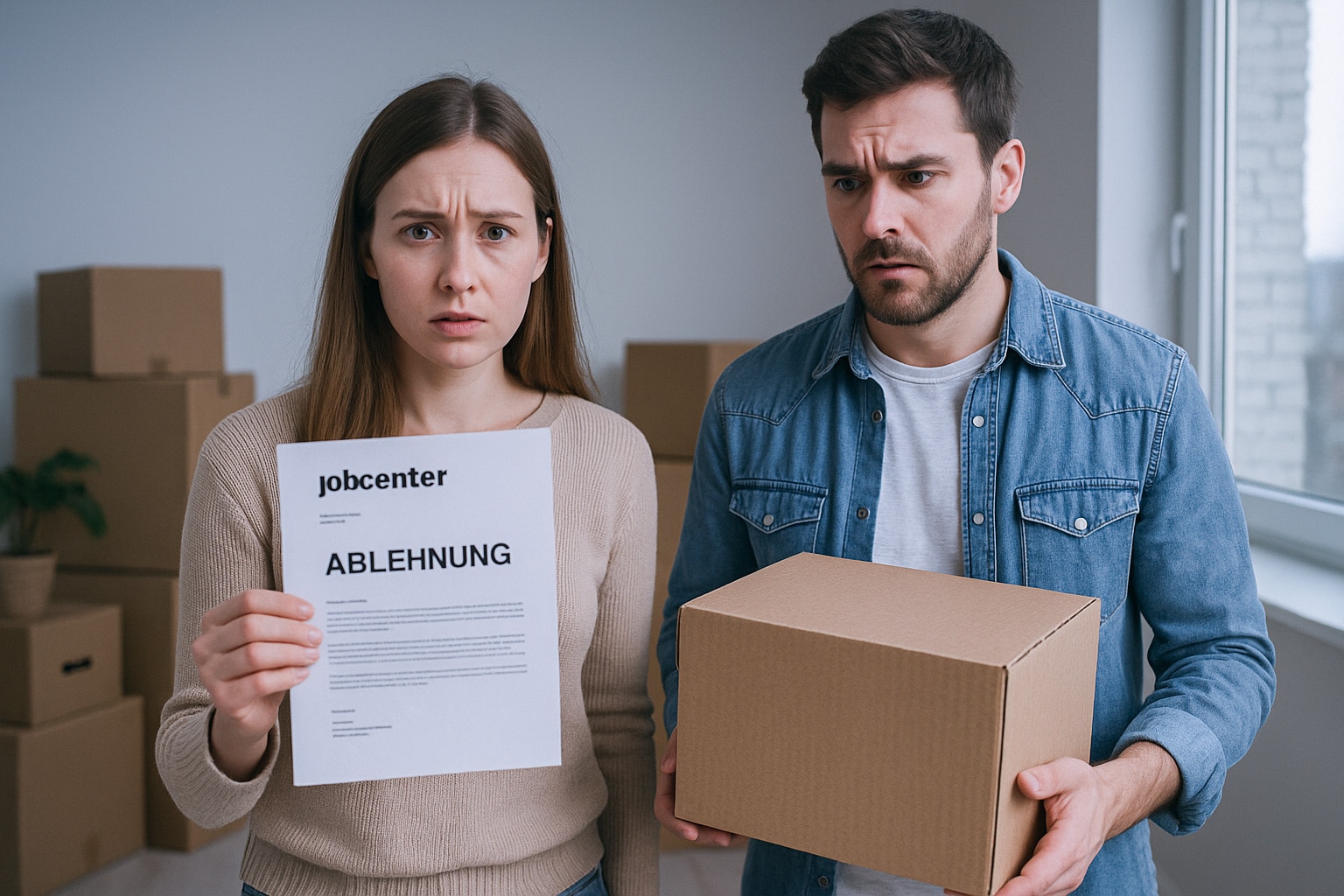 Junge Frau mit Jobcenter-Ablehnung, daneben ein Mann mit Umzugskarton – beide schauen ungläubig
