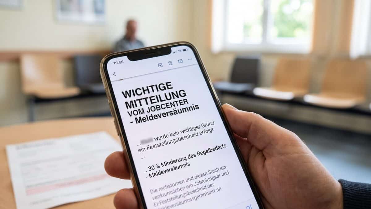 Bürgergeld-Empfänger im Jobcenter mit einer Mitteilung zum Meldeversäumnis auf seinem Smartphone