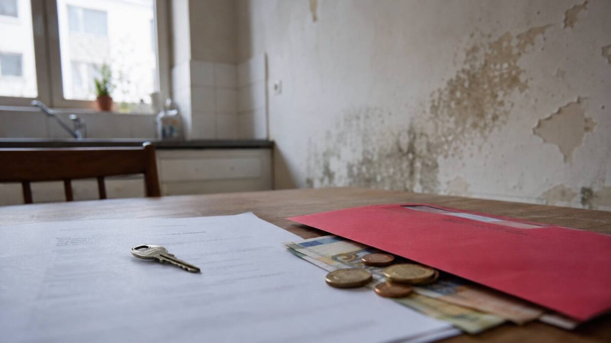Verschimmelte Wand in einer Küche, davor auf dem Tisch ein Mietvertrag, ein Wohnungsschlüssel, Geldscheine und Münzen neben einem roten Brief