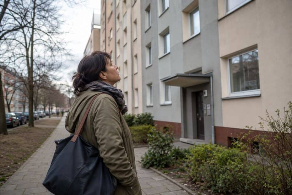 Frau schaut sich Wohnhaus mit mehreren Wohnungen von Außen an