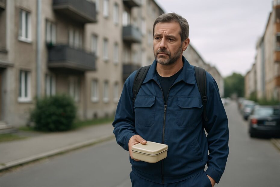 Arbeiter mit Brotdose auf Straße vor Mietshäusern – Symbolbild für geringe Löhne und hohe Wohnkosten