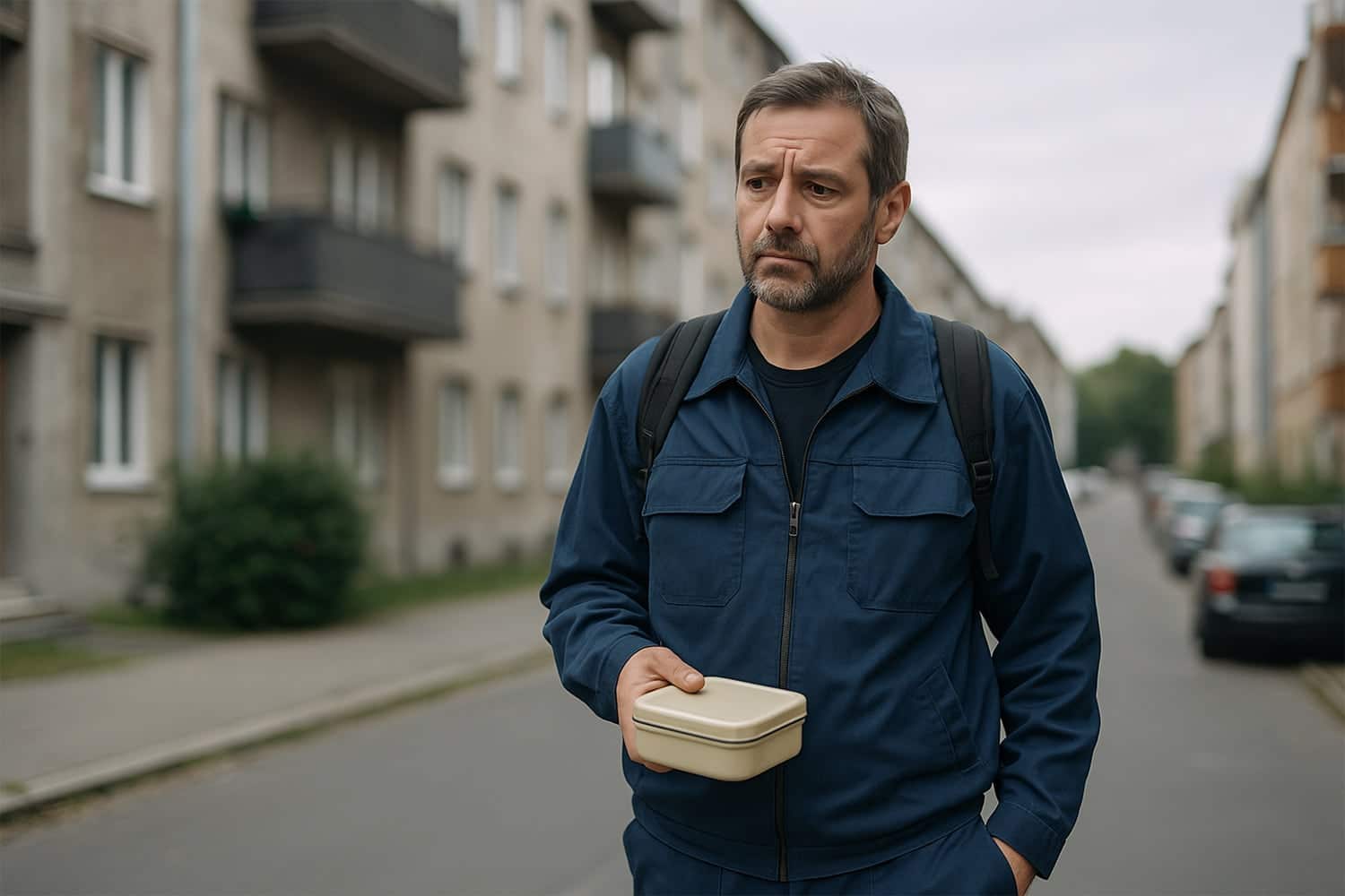 Arbeiter mit Brotdose auf Straße vor Mietshäusern – Symbolbild für geringe Löhne und hohe Wohnkosten