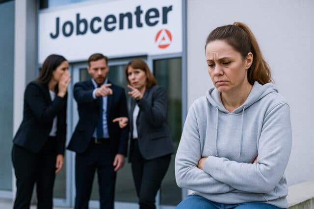 Symbolbild: Drei Angestellte stehen vor einem Jobcenter und tuscheln über eine bedürftige Frau.