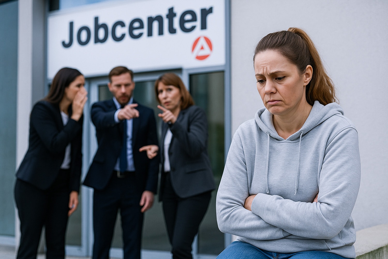 Symbolbild: Drei Angestellte stehen vor einem Jobcenter und tuscheln über eine bedürftige Frau.