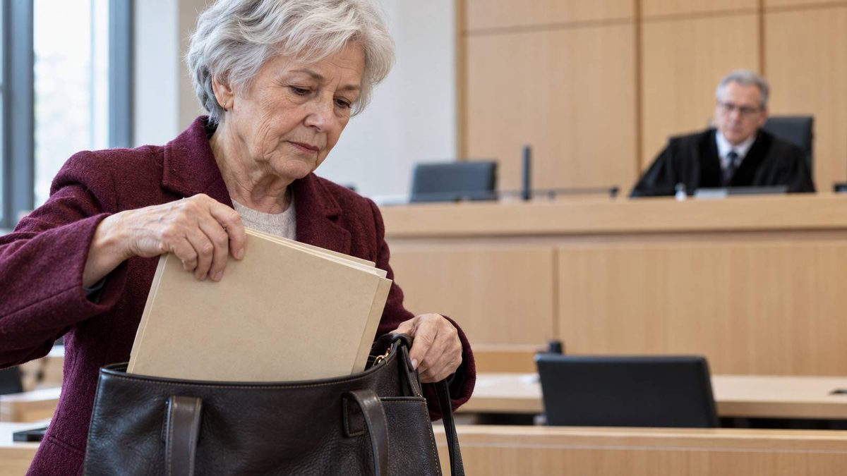 Ältere Frau packt im Gerichtssaal eine Aktenmappe in ihre Tasche, im Hintergrund sitzt ein Richter.